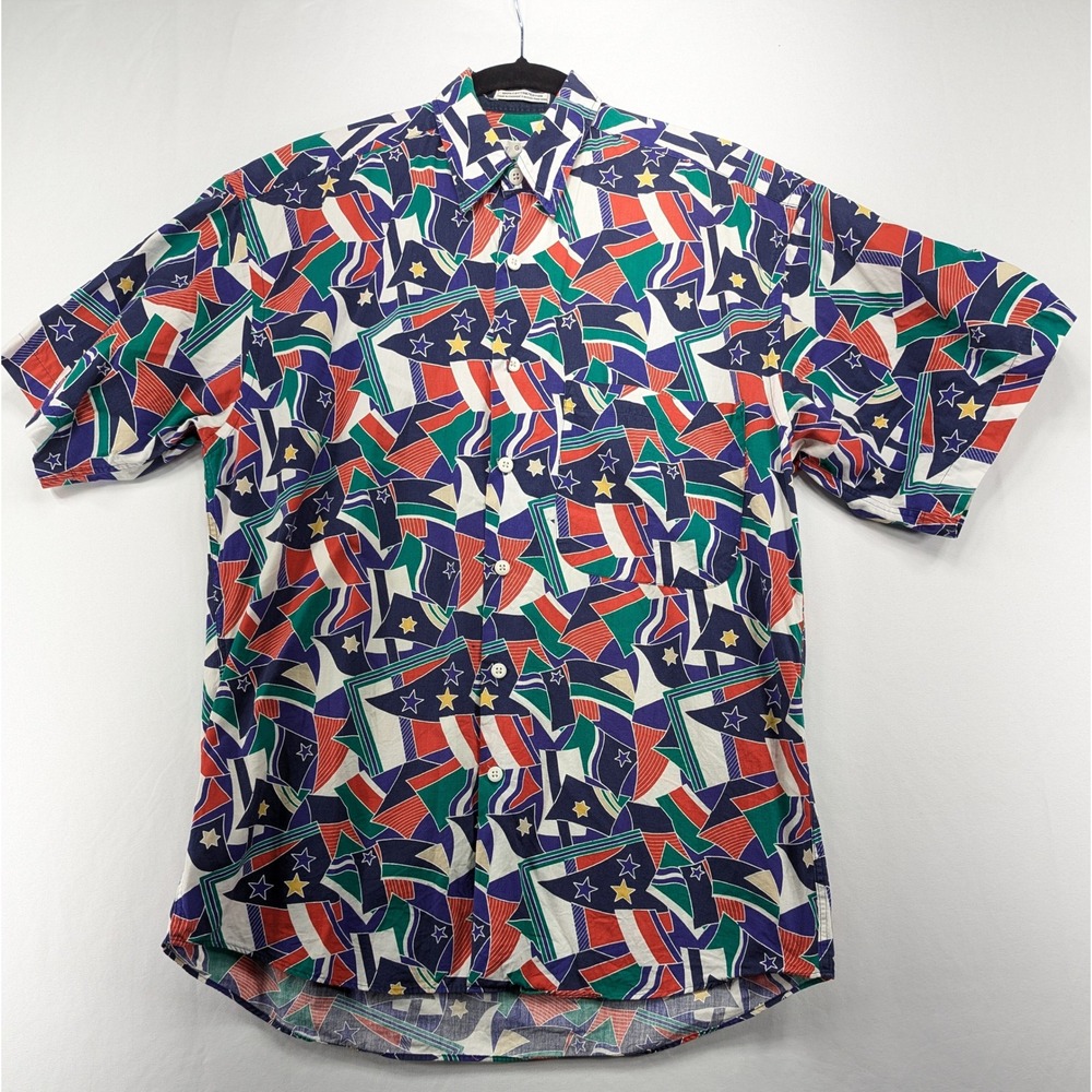 Henry Grethel Vintage‎ 90s Flag Star Print Button Down Shirt Mens Multicolor S